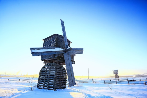 mill winter landscape, Kimzha, windmill wooden architecture