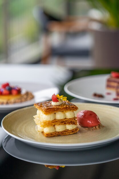 Mille feuille dessert with strawberriy and icecream