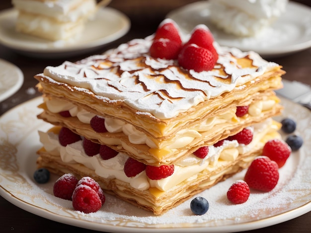 Foto millefeuille is een frans dessert gemaakt van drie lagen puffgebak en twee lagen gebakroom