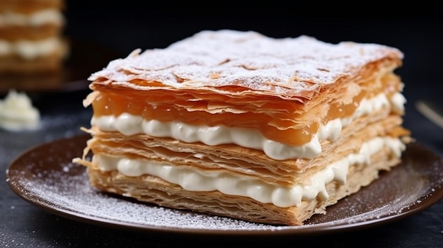 Millefeuille testp Layers of flaky puff pastry filled with pastry cream and often topped with a g