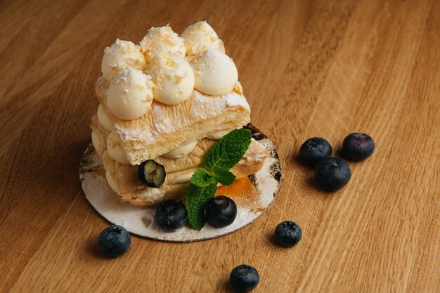 Millefeuille with berries and mint.