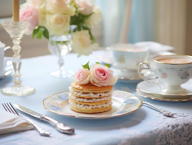 Millefeuille with flower decoration and a cup of tea on the table