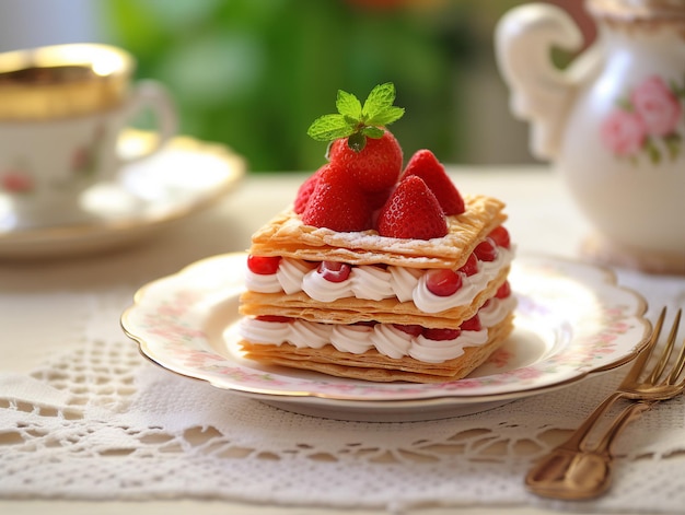 Millefeuille with strawberries and a cup of tea on the table