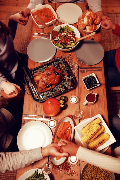 Millennial adult friends celebrating Thanksgiving together at home