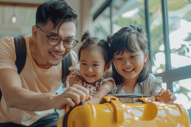 Photo millennial asian family packing for summer vacation