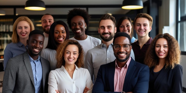 Millennial diverse business colleagues headed with black boss posing to camera in office panorama