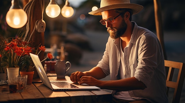 Foto millennial freelancer die een mockup laptop gebruikt met generative ai