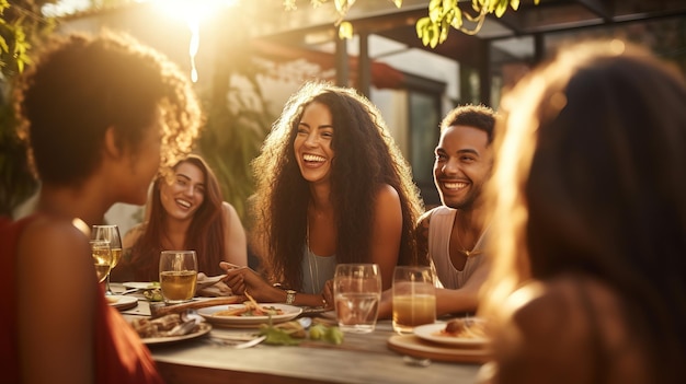 Millennial friends enjoying a funfilled social gathering at an outdoor restaurant sharing stories