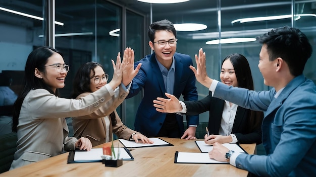 Millennial groep van jonge zakenlieden Aziatische zakenman en zakenvrouw vieren het geven van vijf a