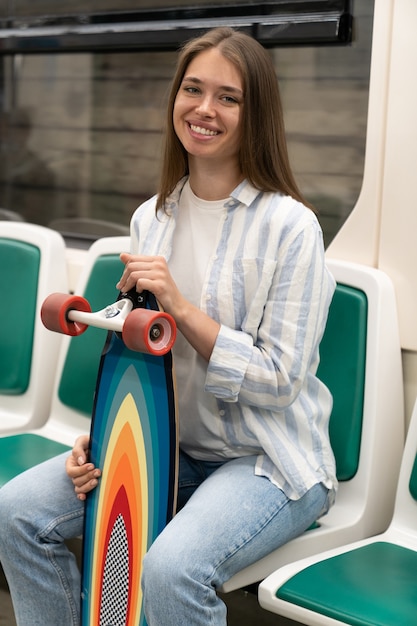 Photo millennial woman holding longboard sitting in subway train smiling looking at camera urban hobby