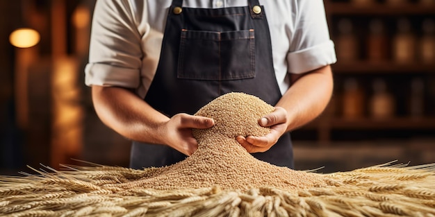 A millennial worker in an apron holds wheat or barley in his hands and inhales the aroma of the grain
