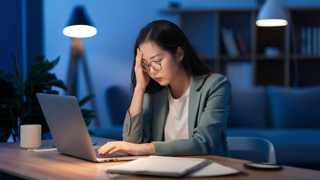 Millennial young chinese businesswoman working late night stress out with project research problem