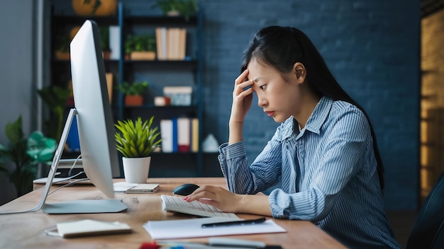 Millennial young chinese businesswoman working stress out with project research problem on computer