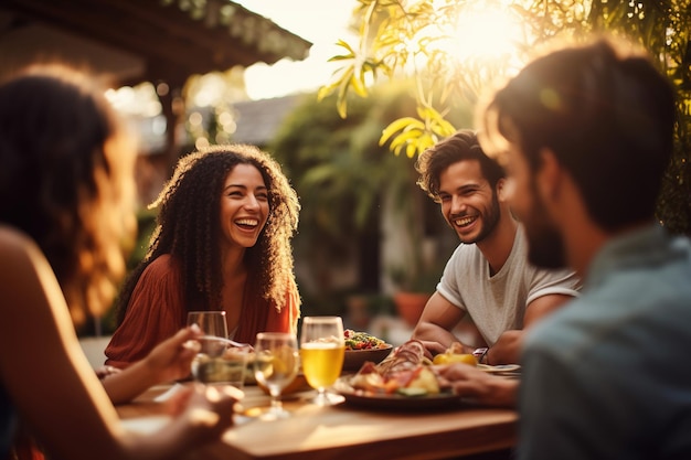 Millennials enjoying dinner party outdoors