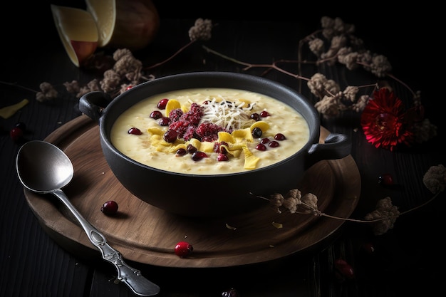 Millet Porridge Healthy Cereal Breakfast with Fruits and Berries Milk Millet Porridge on Dark Background Abstract Generative AI Illustration