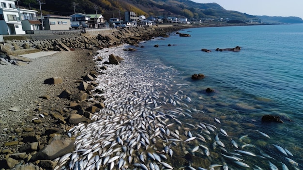 Photo million of fishes dead resulted by released of nuclear contaminated water