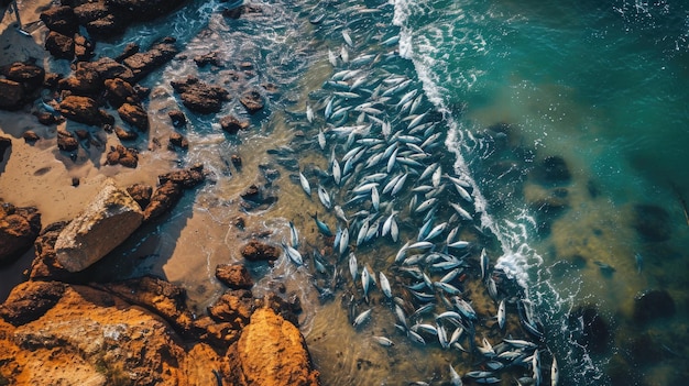 Photo million of fishes dead resulted by released of nuclear contaminated water