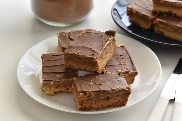 Millionaire's shortbread or chocolate caramel on a white plate