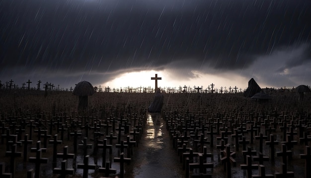 Millions of crosses on the world biggest graveyard lowkey lighting dark clouds rain