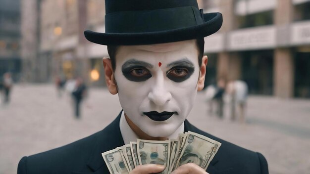 Mime as businessman holding money