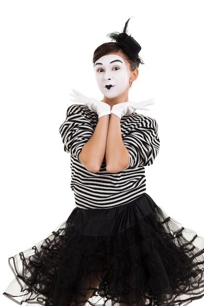 사진 카메라를보고 mime 여자 예술가