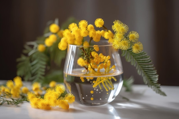 Цветение мимозы в стеклянной вазе с водой