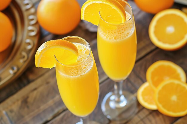 Mimosa cocktail in elegantin glasses with orange slices on table