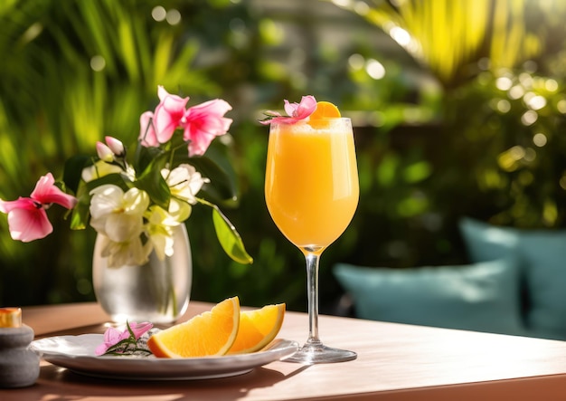 A Mimosa cocktail served in an outdoor setting such as a garden brunch