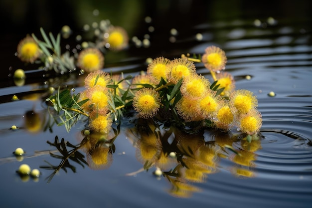 Mimosa flowers floating on still lake