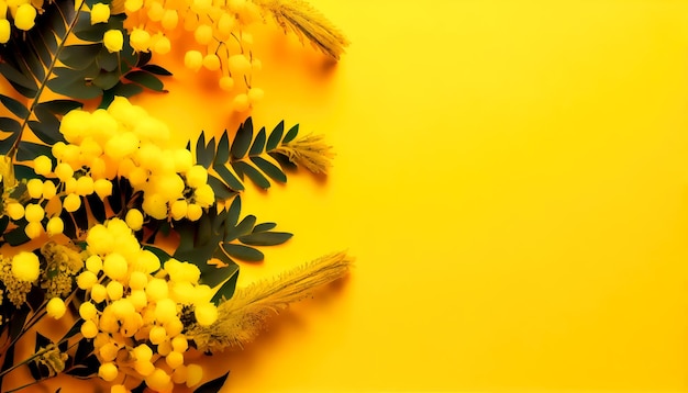 Foto fiori di mimosa su sfondo giallo ia generativa