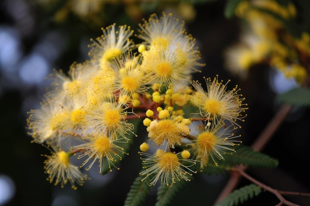 Mimosa tree in full bloom with its delicate blooms and yellow petals visible