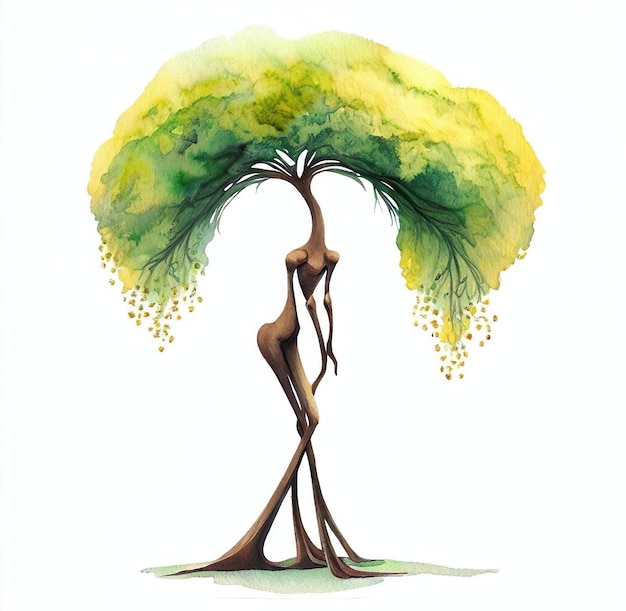 Mimosa tree in human form watercolor