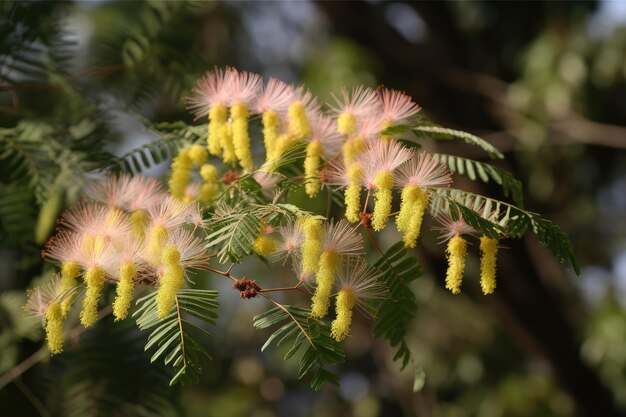 写真 繊細な花と葉が見える満開のミモザの木