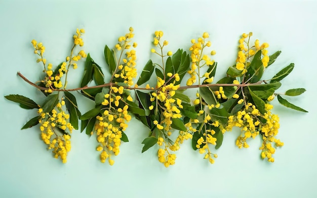 Mimosa twigs are spread out on a mint background Spring concept