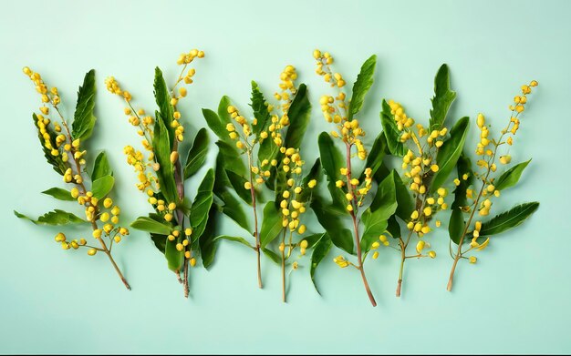 Mimosa twigs are spread out on a mint background Spring concept