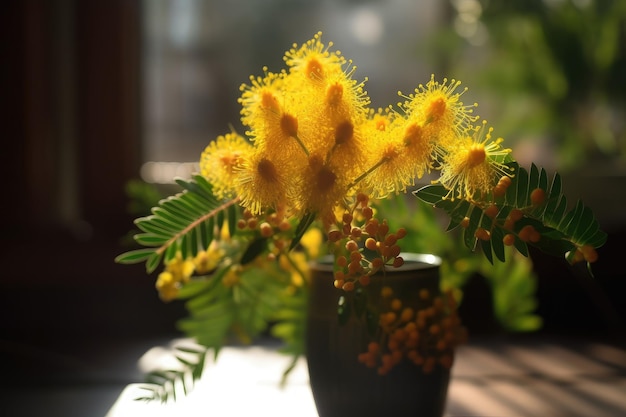 Mimosabloem in een vaas waar warm zonlicht doorheen schijnt