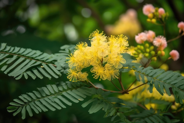 Mimosaboom omgeven door bloeiende bloemen en groene bladeren