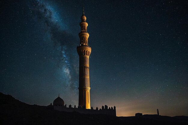 Foto siluette della cupola del minareto sotto il cielo stellato