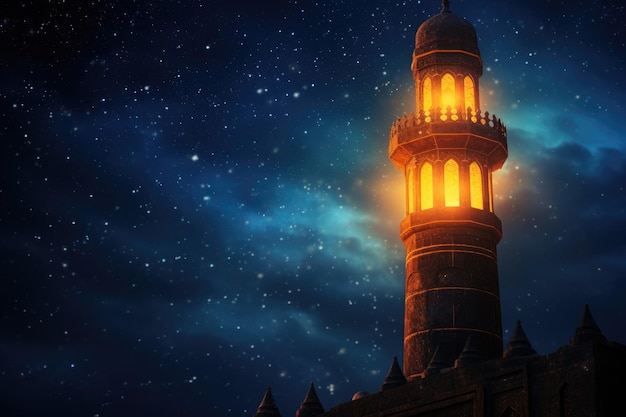 minaret glowing in the dark against a starry Ramadan night