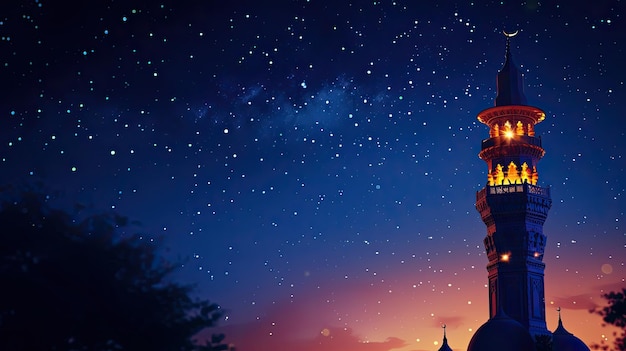 A minaret glowing in the dark against a starry Ramadan night