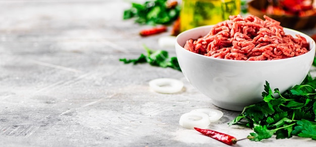 Minced meat in a bowl on a table with parsley and onion rings