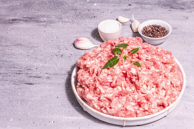 セラミックスタンドでひき肉。生の豚肉、新鮮なハーブの葉、スパイス、海塩、にんにく。モダンなハードライト、ダークシャドウ。灰色の石のコンクリートの背景、コピースペース