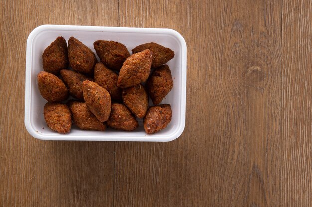 Minced meat from the Middle East. Fried snack party dish  Top view.