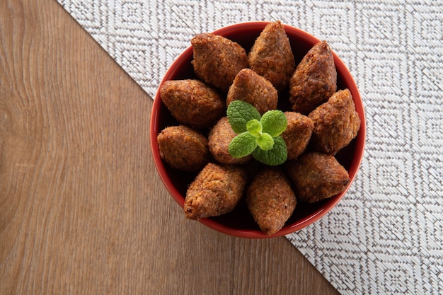 Minced meat from the Middle East. Fried snack party dish  Top view.