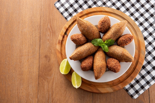 Minced meat from the Middle East. Fried snack party dish  Top view.