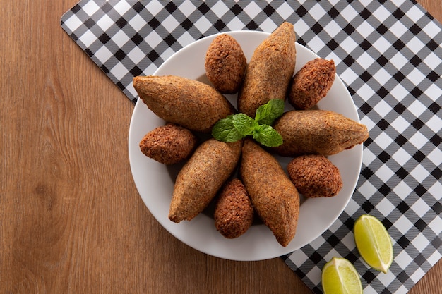 Minced meat from the Middle East. Fried snack party dish  Top view.