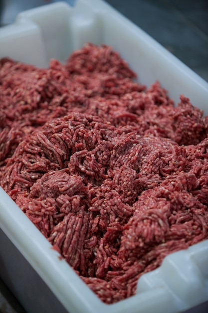 Minced meat at meat factory