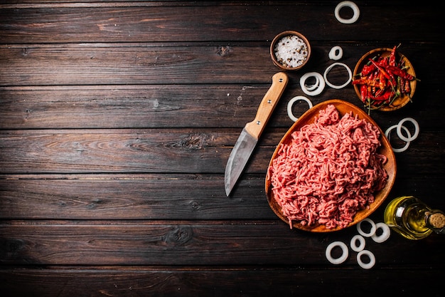 Minced meat on a plate with onion rings