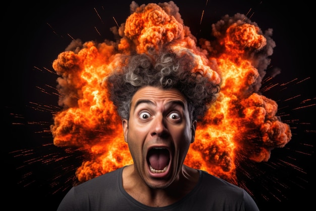 Photo mind blowing shocked man with explosion on their head isolated on black background