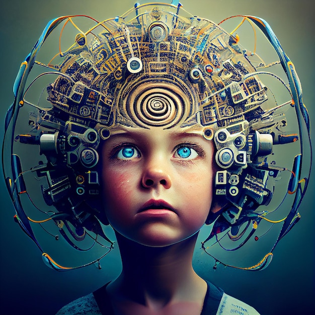 Mind control brain of a child connected to technology manipulation and dictator concept